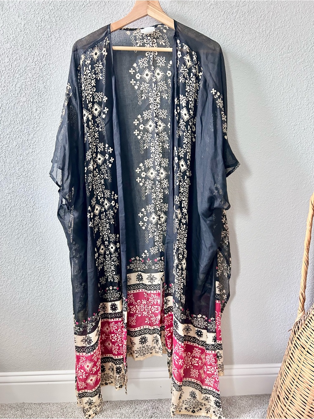 Natural Life Black Red Floral Kimono One Size Boho Long Duster